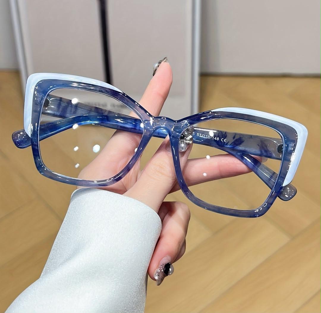 Blue & White Transparent Oversized Square Eyeglasses